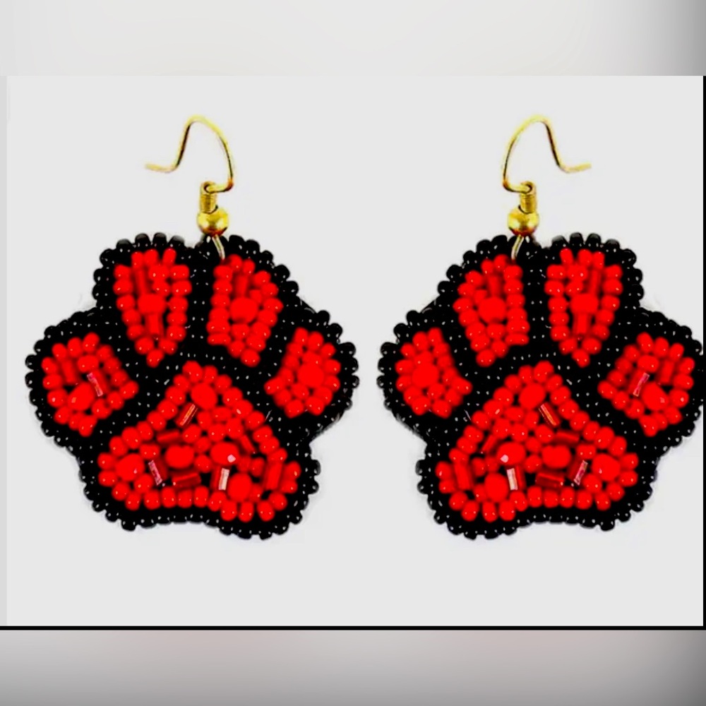 Red and Black Seed Bead Paw Print Earrings